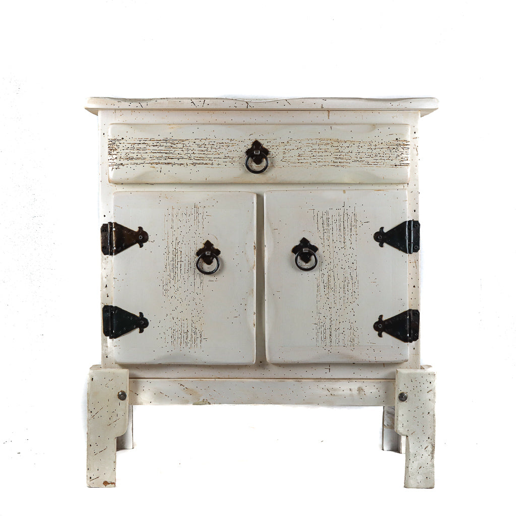 Short Pine Wood Cabinet with 1 Drawer, 2 Doors, and Stand