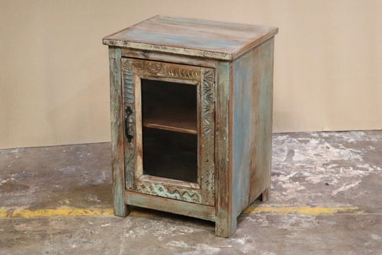 Cabinet with Reclaimed Carved Mango Wood and Teak Doors and Glass