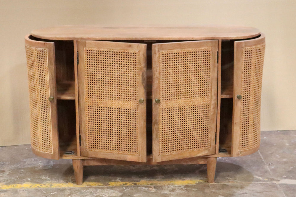 MCM Four Door Mango Wood & Rattan Sideboard