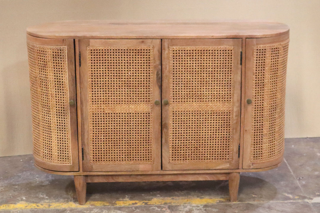 MCM Four Door Mango Wood & Rattan Sideboard