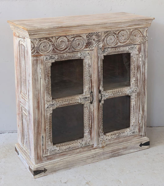 Cabinet with Reclaimed Carved Mango Wood and Teak Doors and Glass