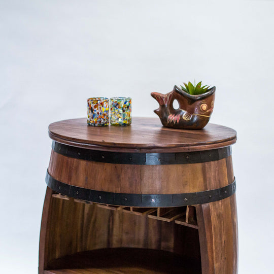 Teak Barrel Bottle Holder with Shelf