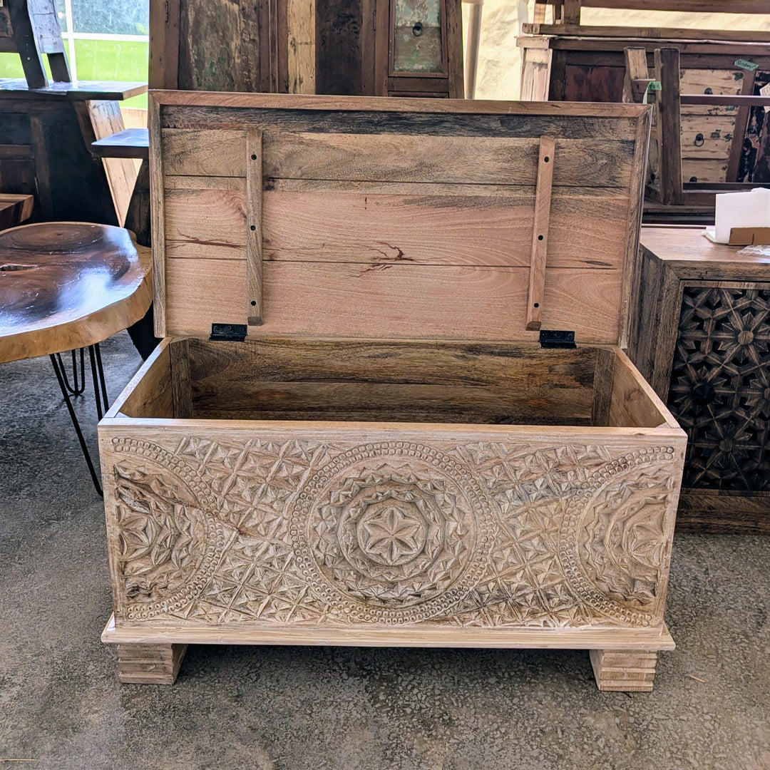 Ornate Carved Mango Wood Chest Table with Feet