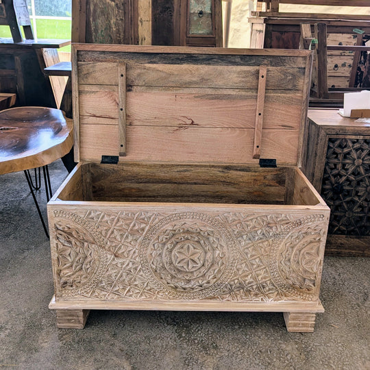 Ornate Carved Mango Wood Chest Table with Feet