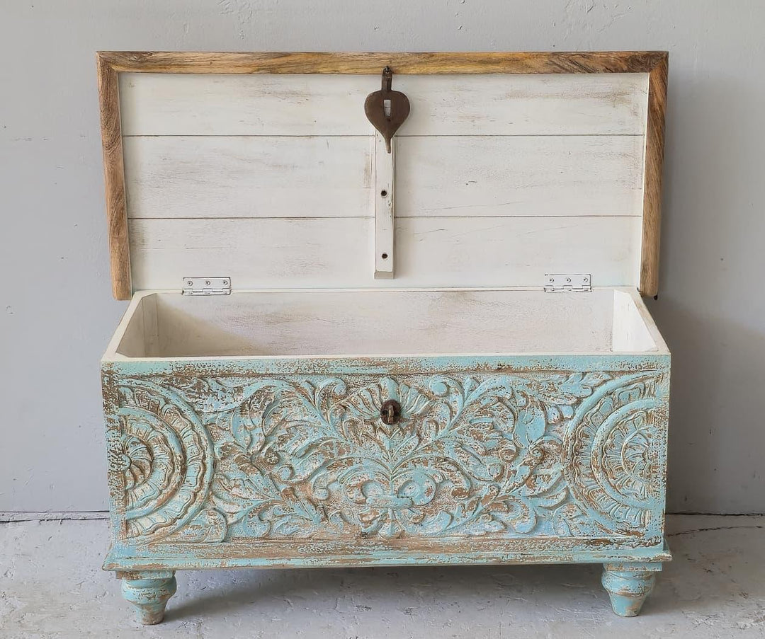 Ornate Carved Mango Wood Chest Table with Feet