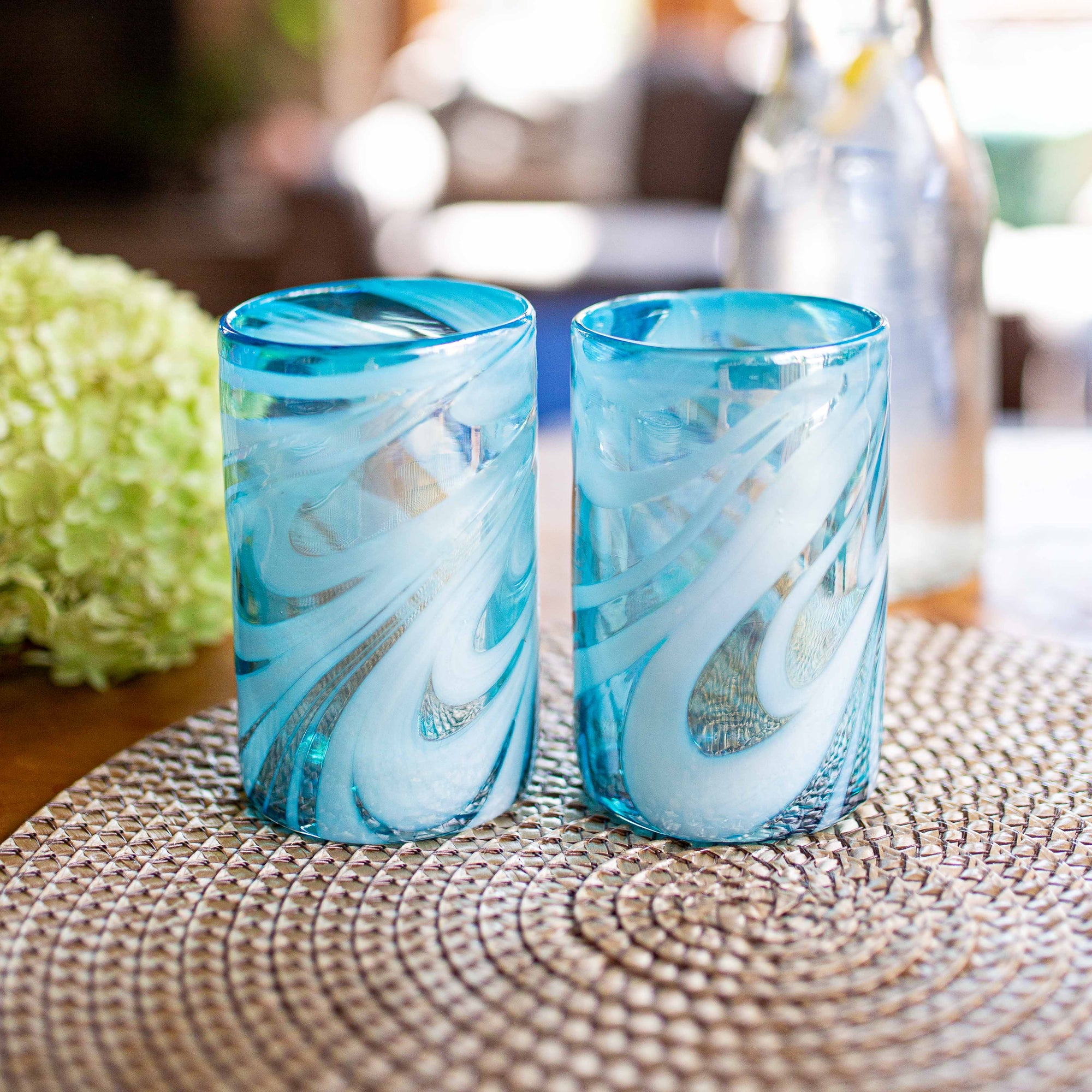 Mexican Water Glass - Aqua & White Swirl Lustre - 5"