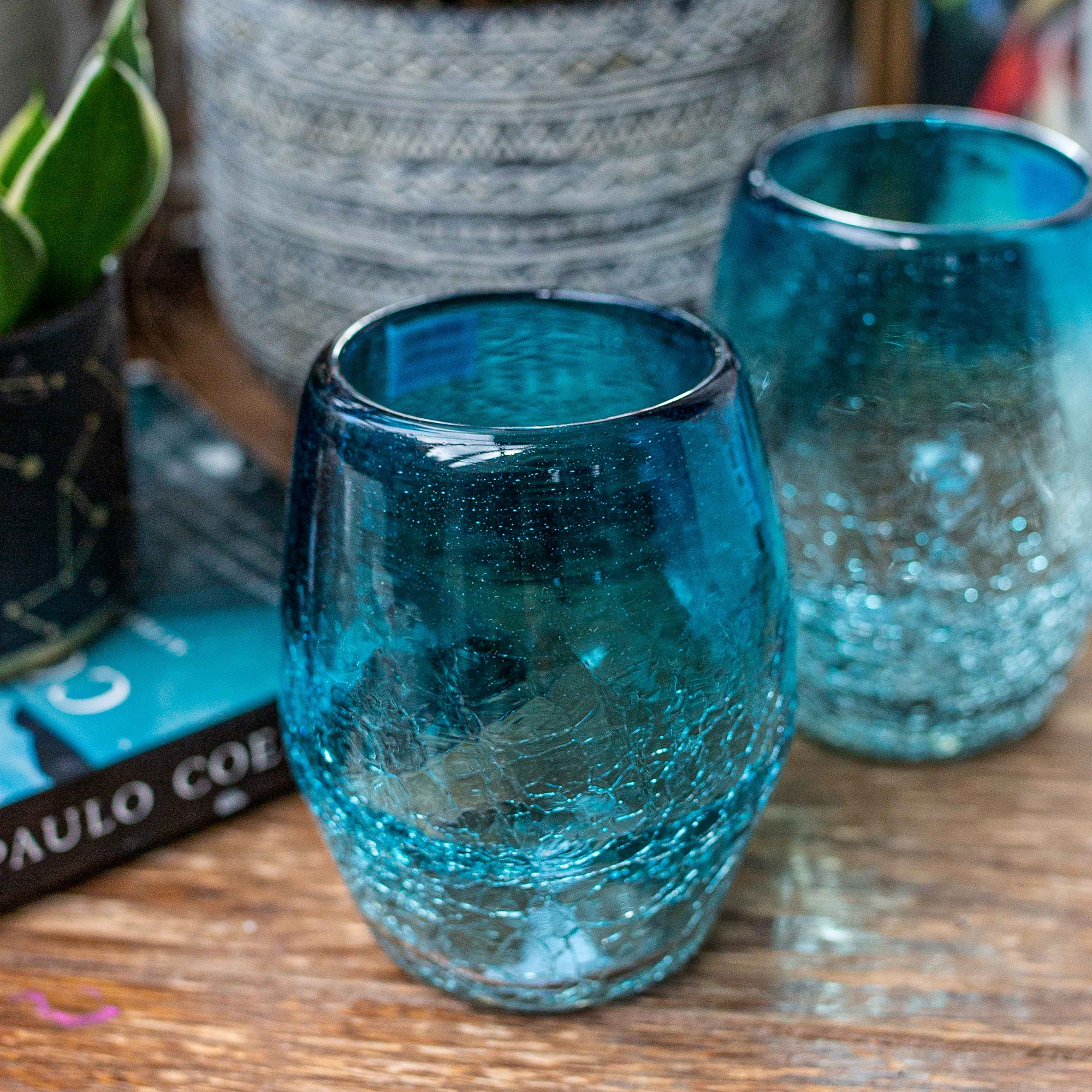 Mexican Stemless Wine Glass - Aqua Crackle - 4.5"