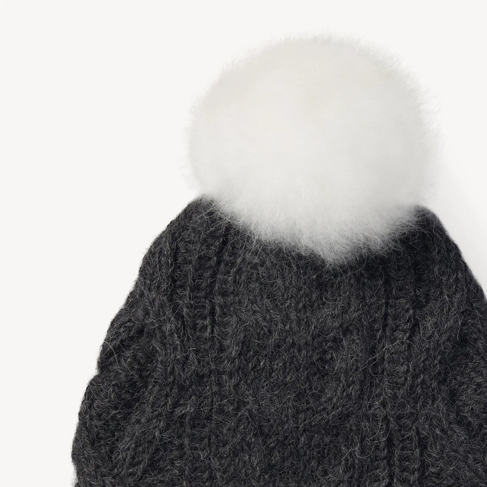 Bonnet à Pompon - Alpaga Tricoté à la Main - Anthracite