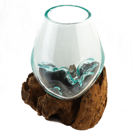 Globe en verre sur bois naturel, 13"