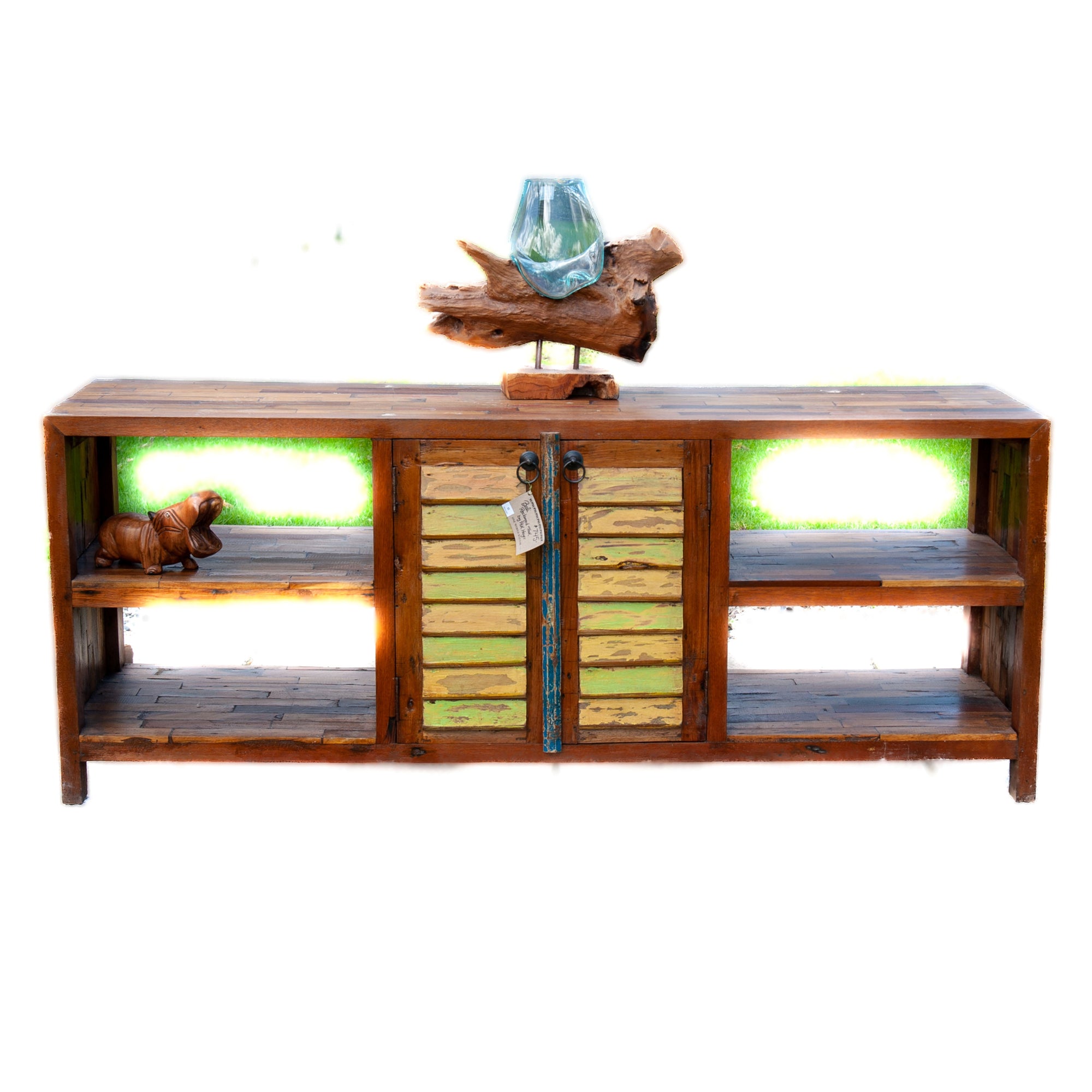 Large teak wood console media unit with distressed paint job and storage shelves.