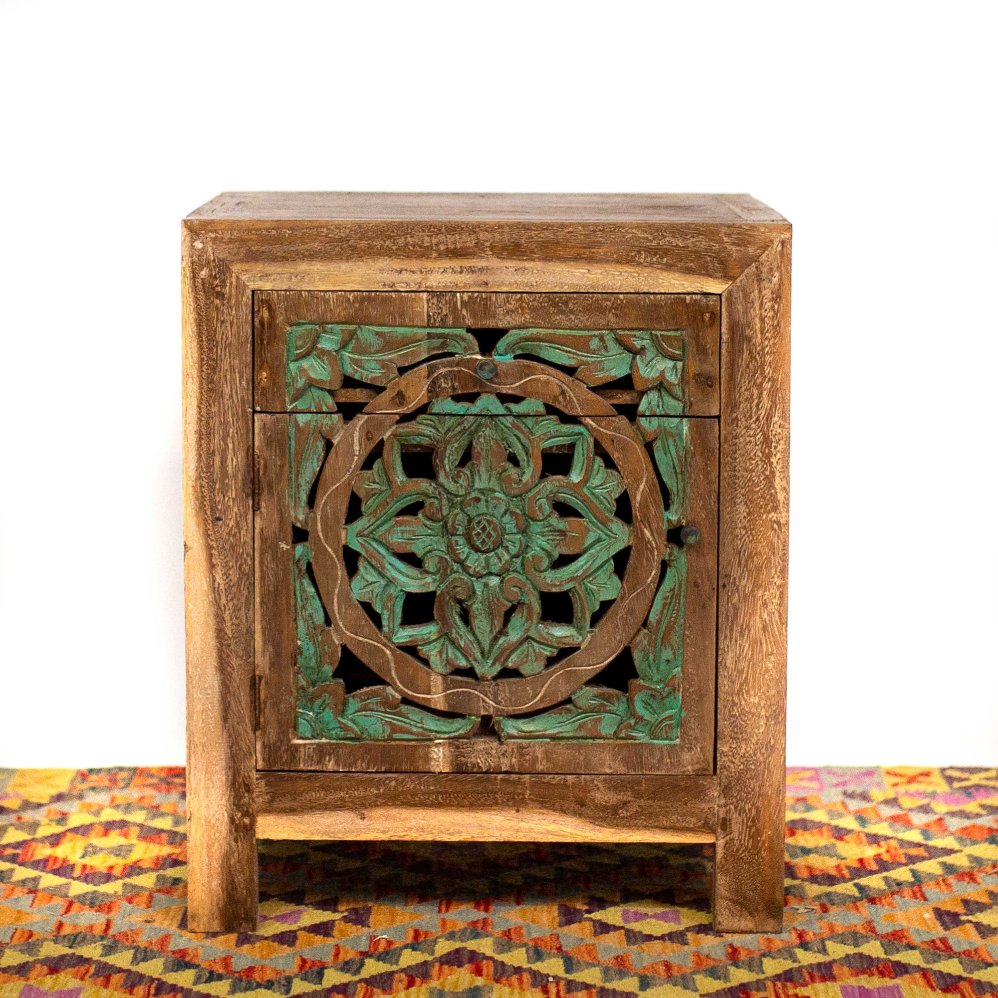 Photo - Bali-Ornate-Bedside-Cabinet-Green Wooden