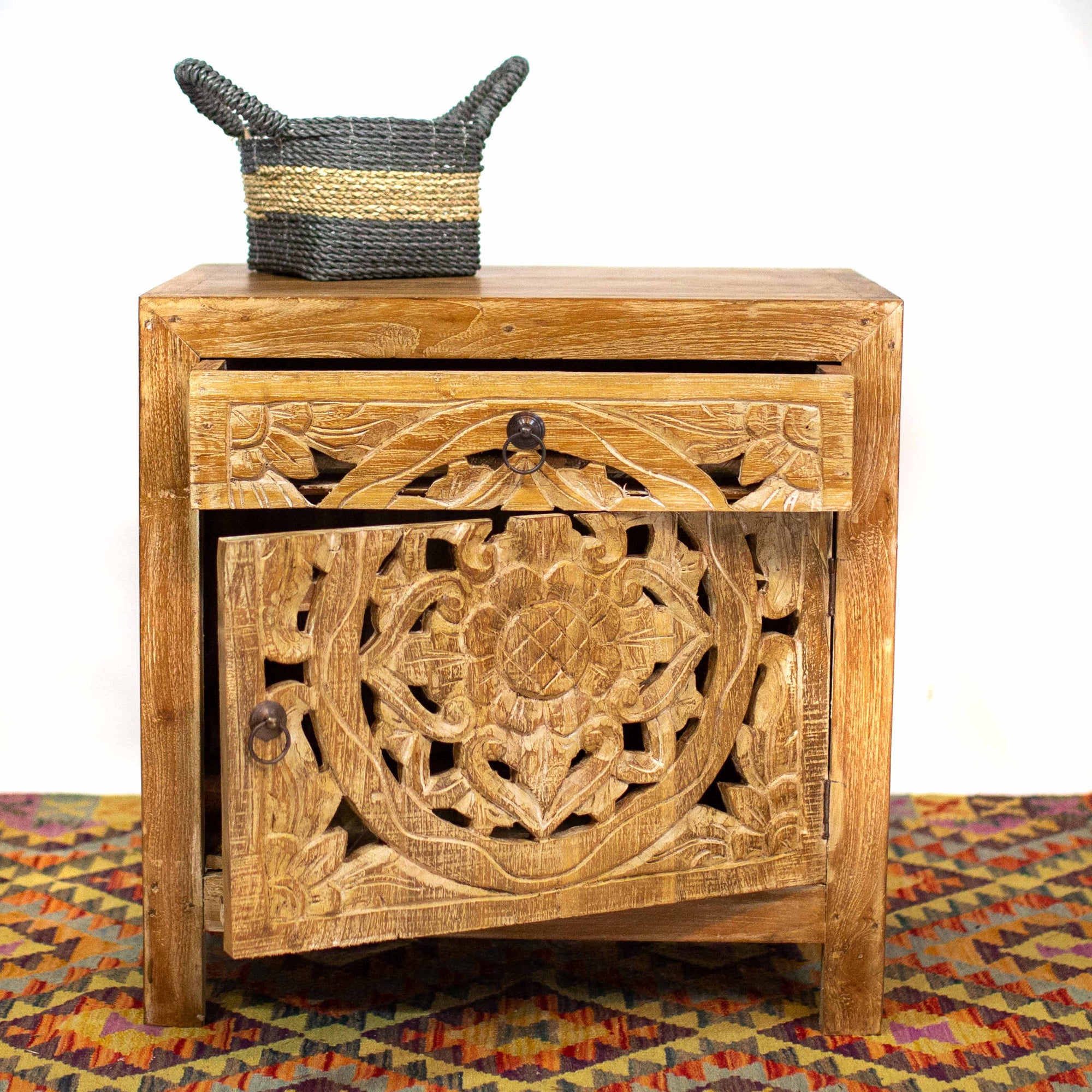 Photo of Ornate Carved Bedside Table Cabinet - Natural