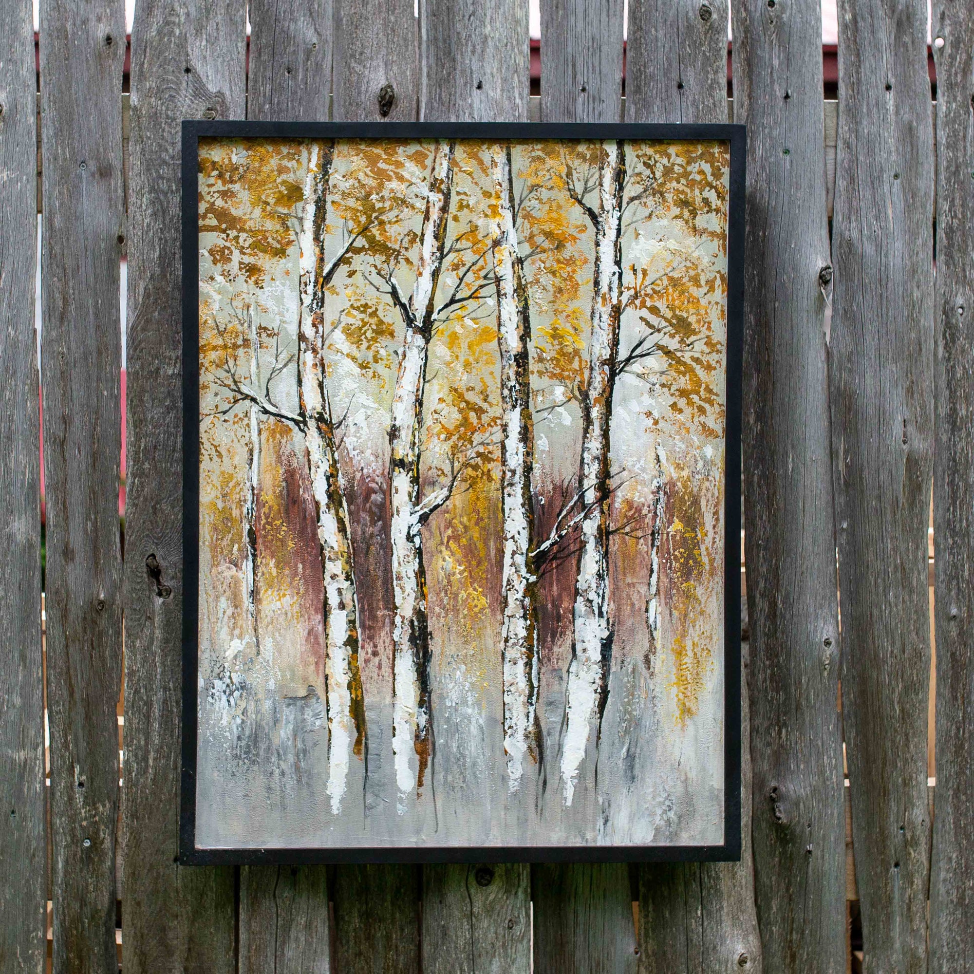 Photo of 4 distinct birch trees against a forest backdrop