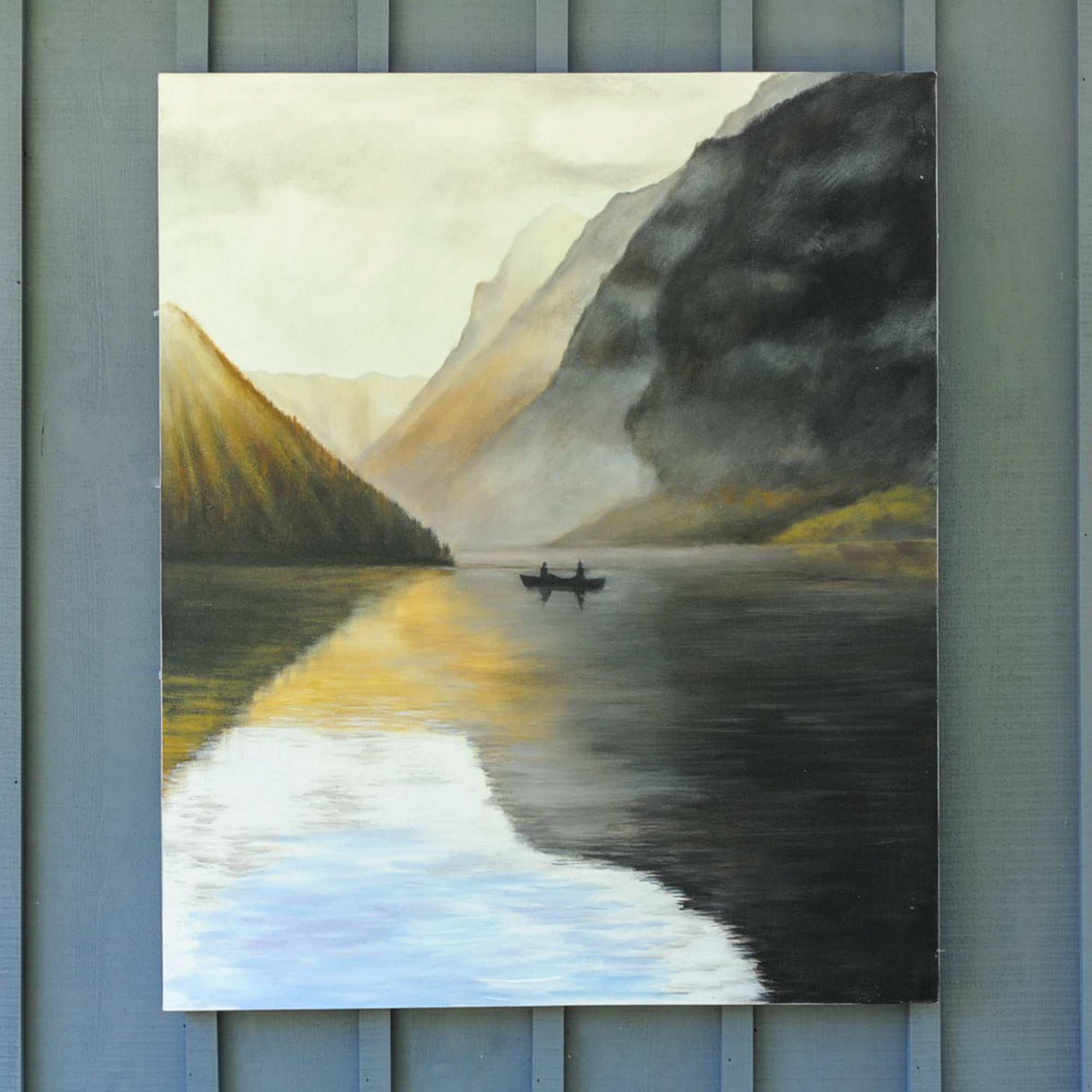 Canoe on a Mountainous Lake - Painting