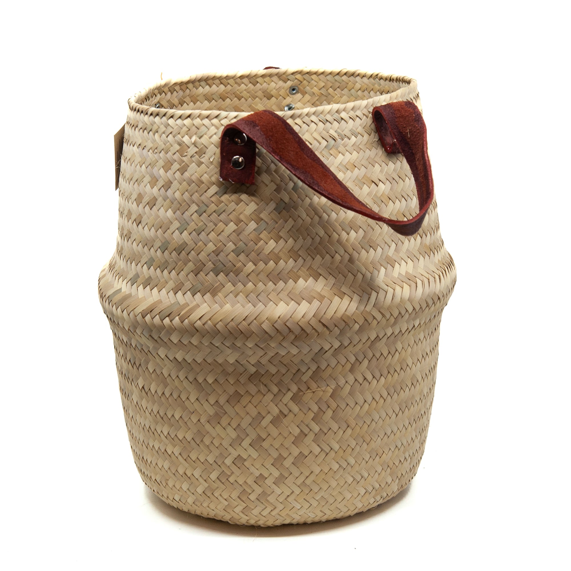 Handwoven Palm Basket with Leather Handles - Natural