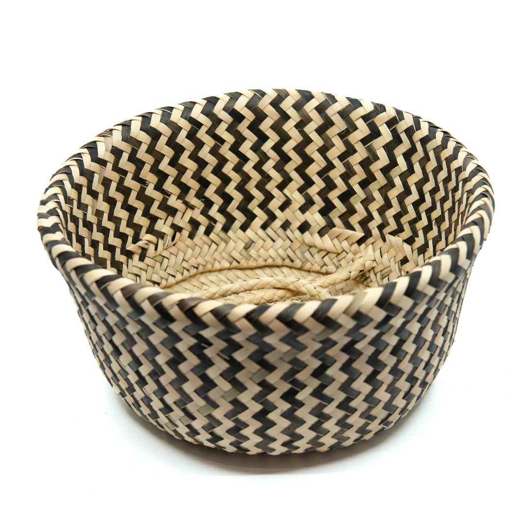 Handwoven Palm Basket with Handles - Black/Natural
