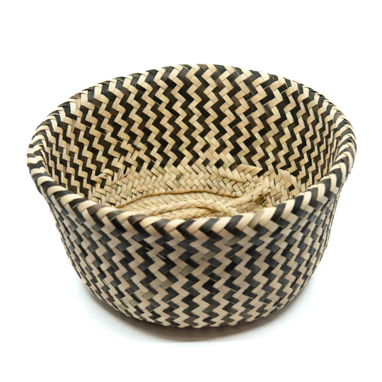 Handwoven Palm Basket with Handles - Black/Natural