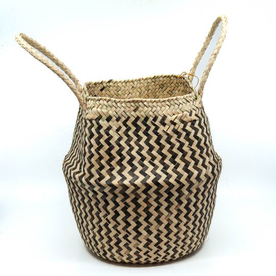 Handwoven Palm Basket with Handles - Black/Natural