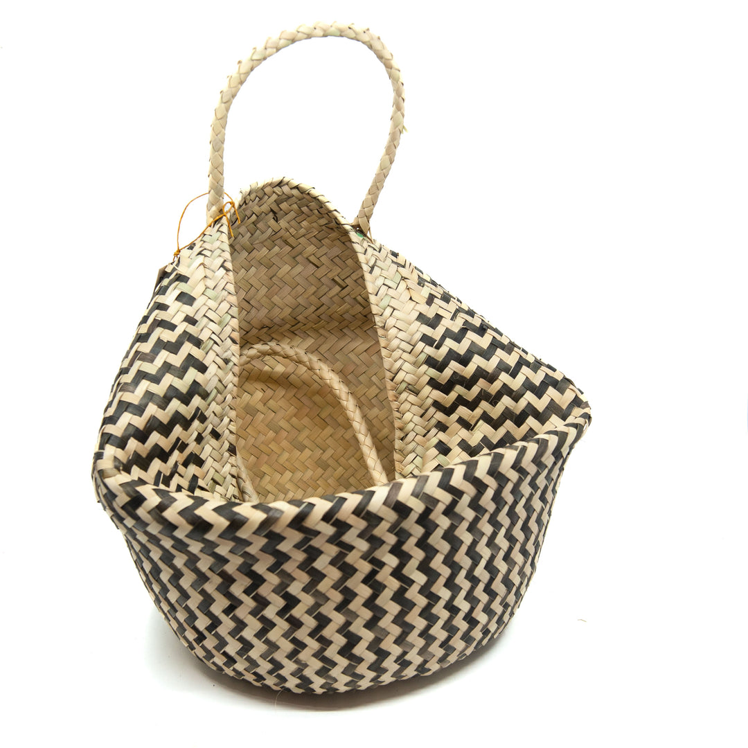 Handwoven Palm Basket with Handles - Black/Natural