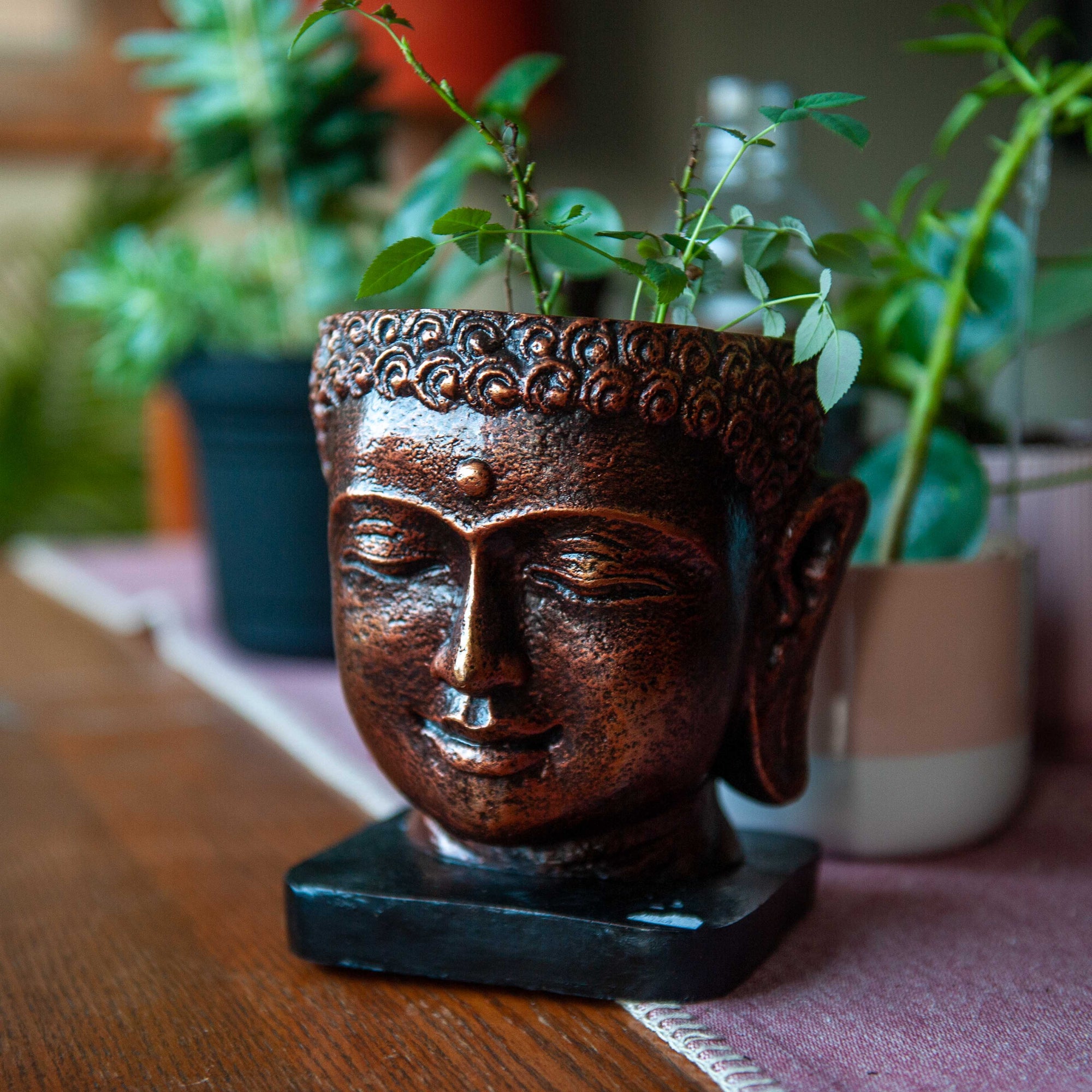 Jardinière en Résine - Tête de Bouddha en Cuivre