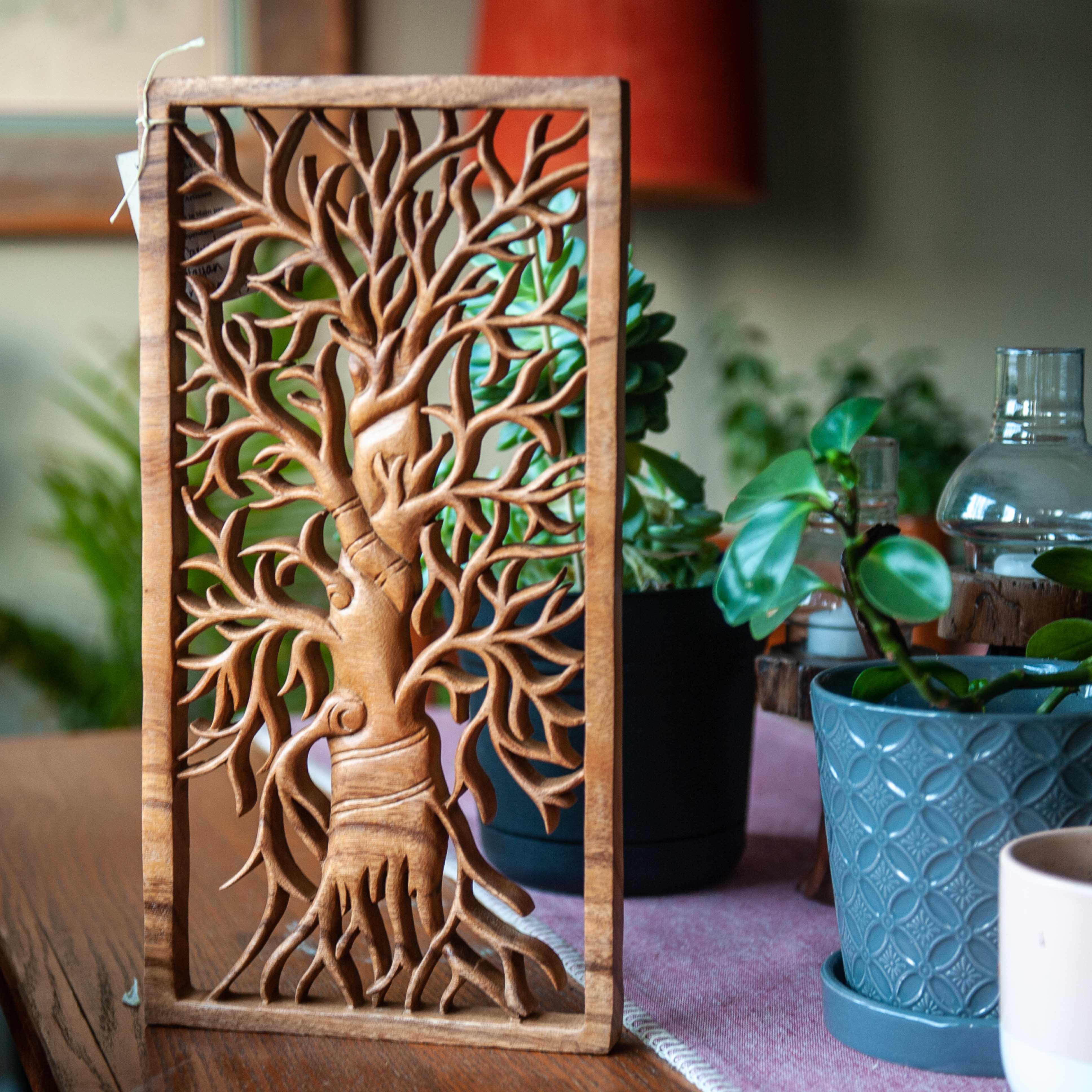 Carved Suar Wood Tree Panel – One World Bazaar
