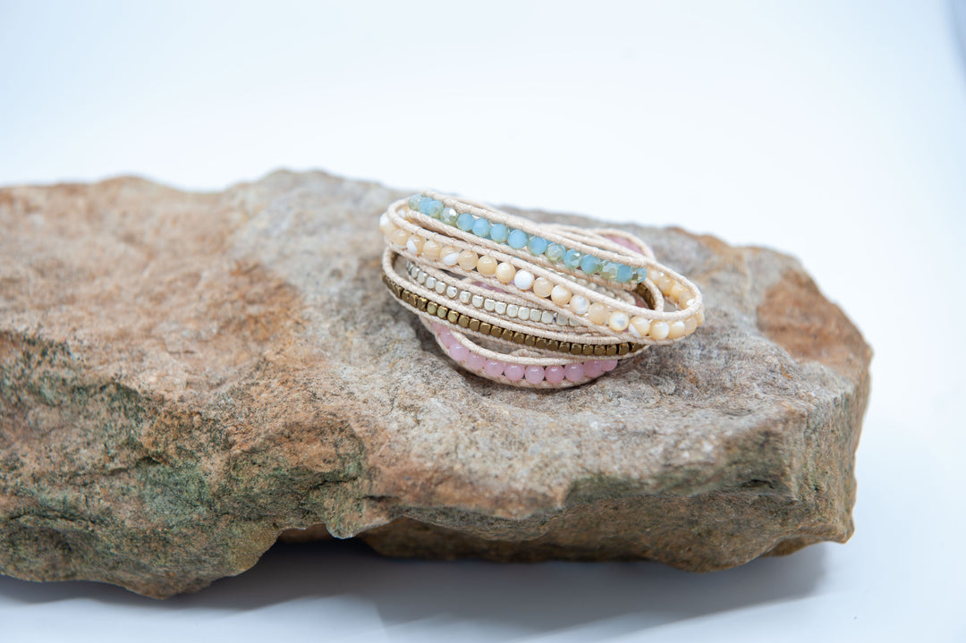Tan Wrap Bracelet w/ Pink and Light Blue Beads