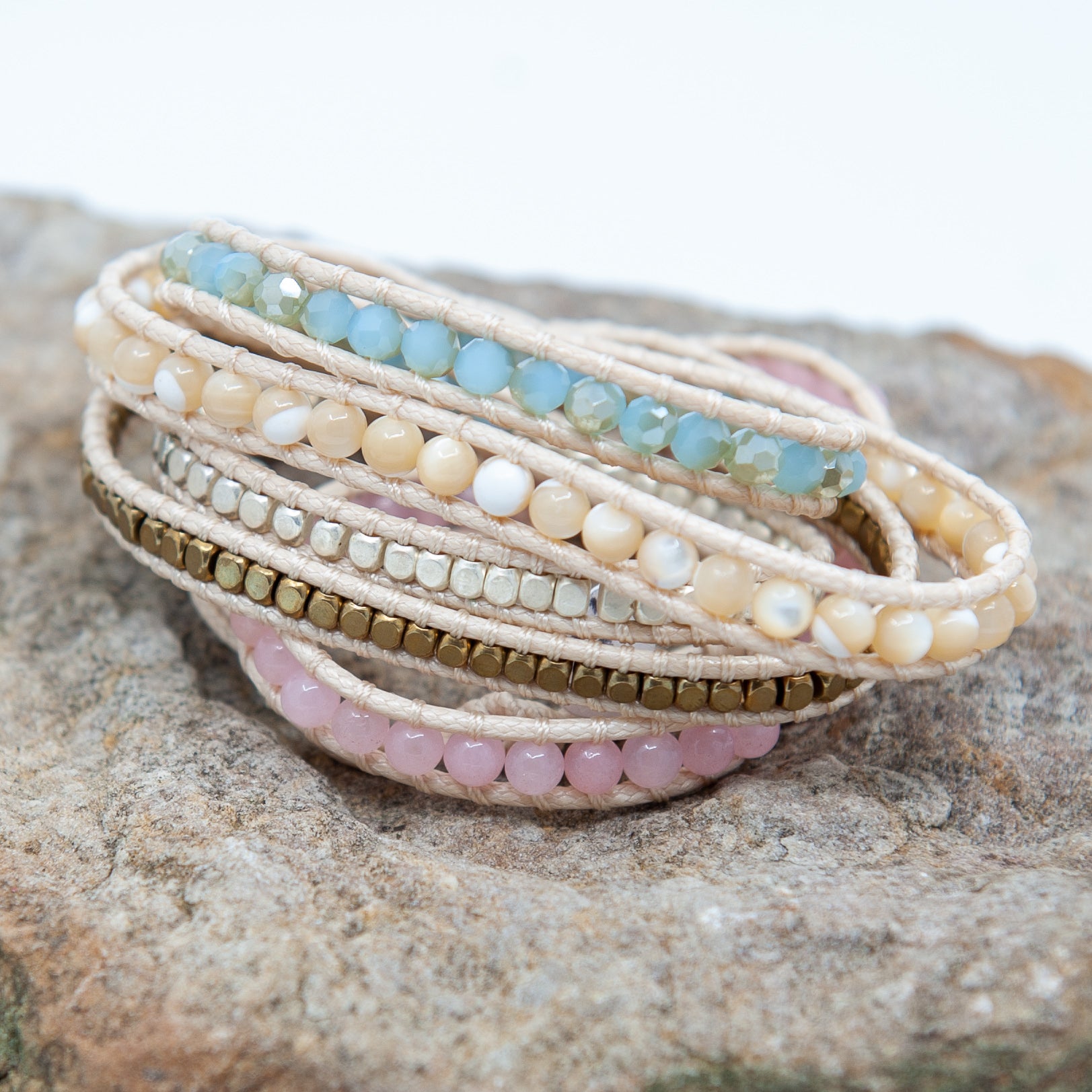 Tan Wrap Bracelet w/ Pink and Light Blue Beads