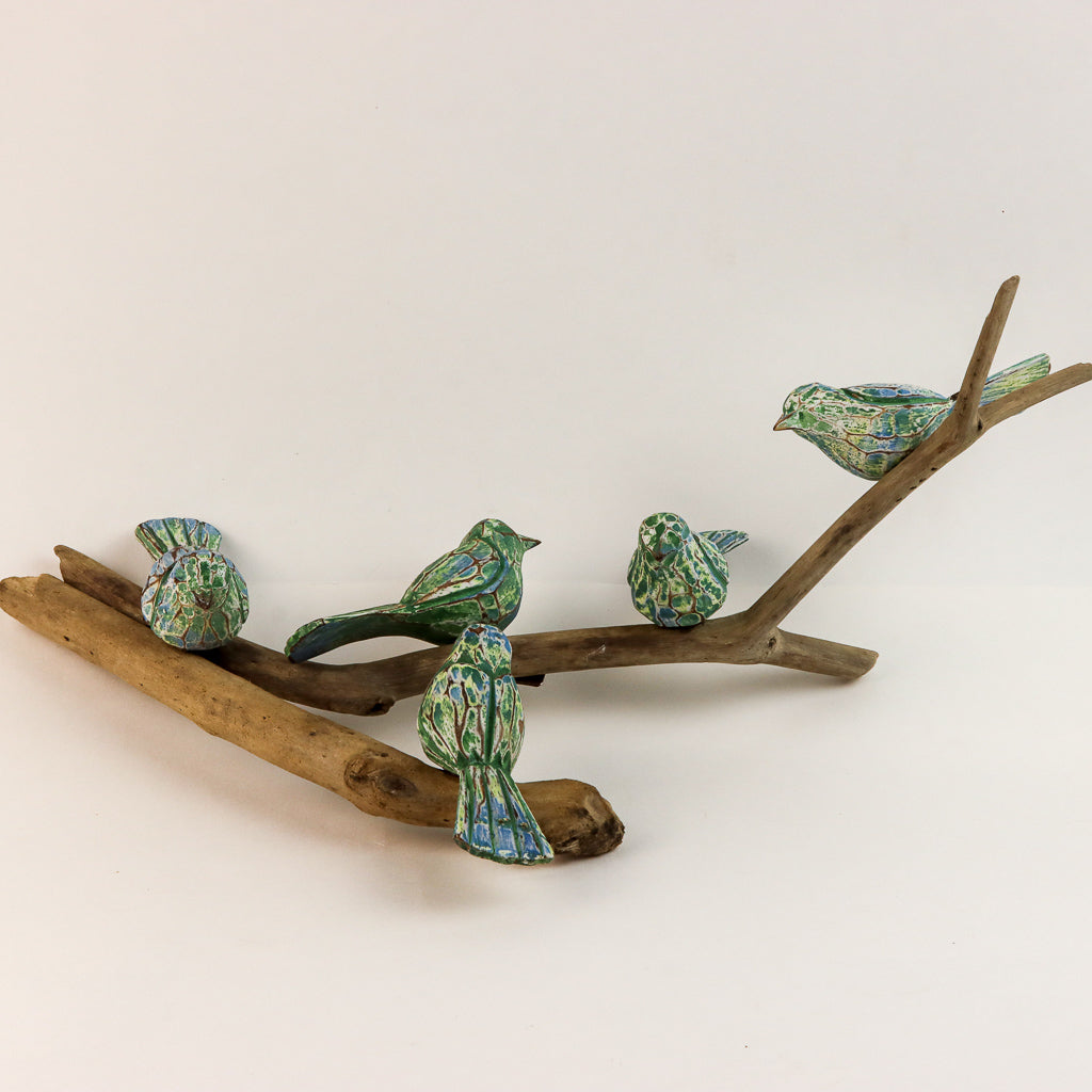 Five Green Birds on Driftwood
