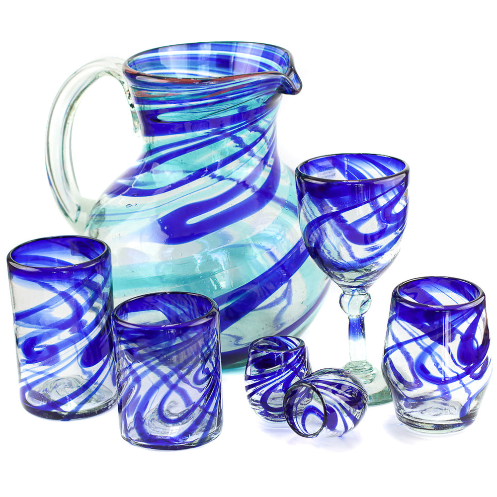 Verre à vin mexicain sans pied, tourbillon bleu, 4,5"