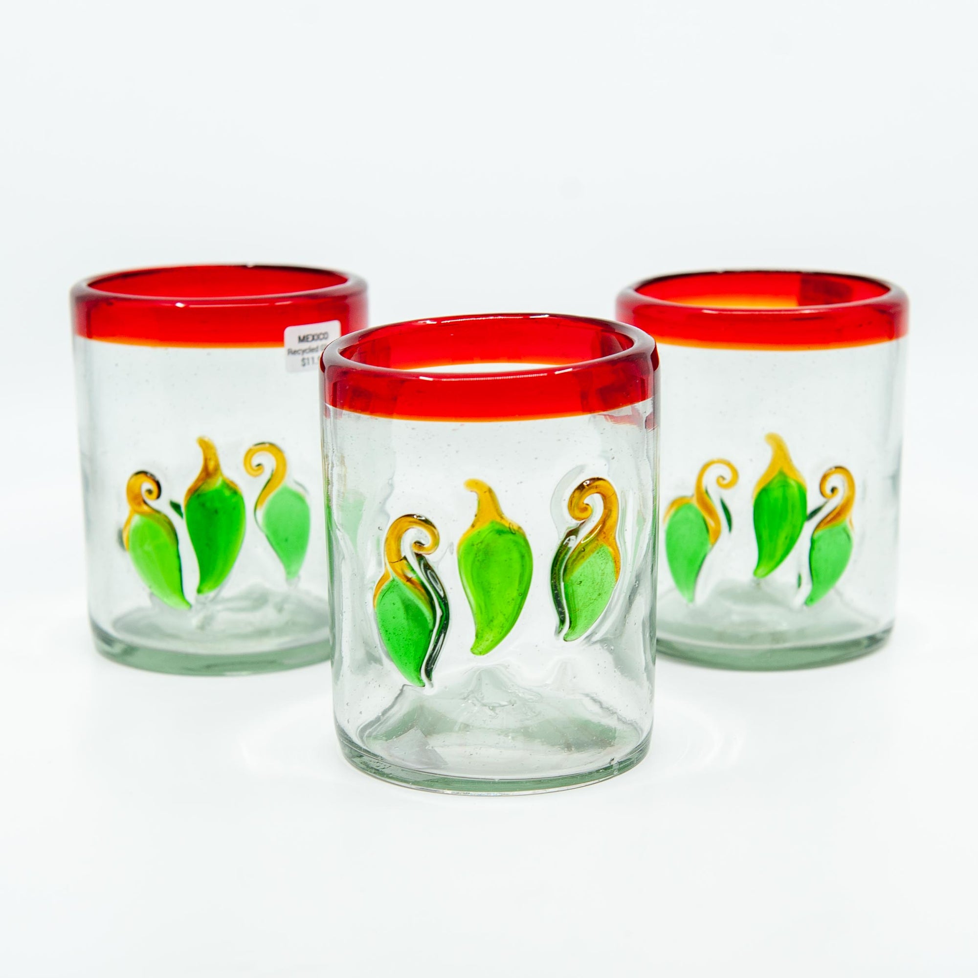 Mexican Tumbler - Red Rim, Green Chillies - 4"
