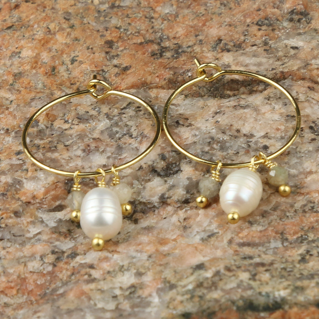 Gold and Pearl w/ Light Blue Beads Hoop Earrings