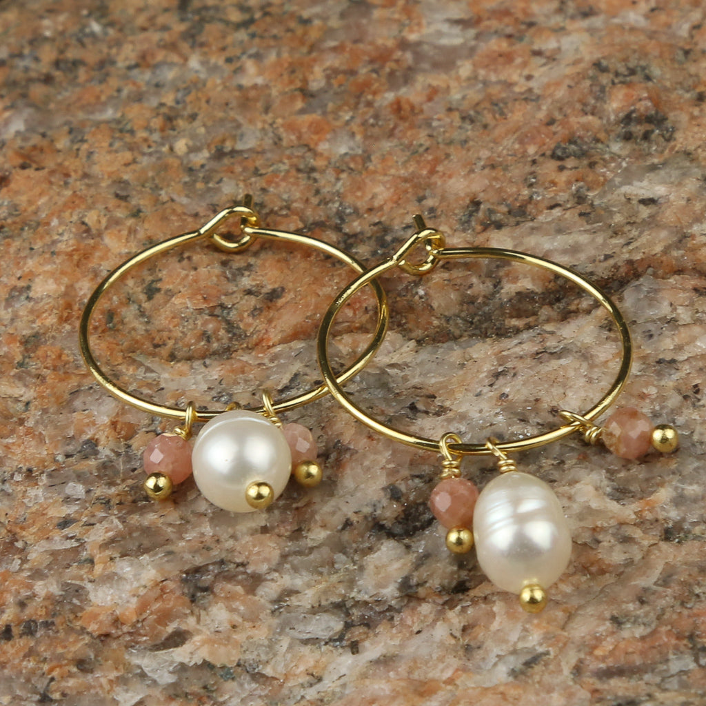 Gold and Pearl w/ Pink Beads Hoop Earrings