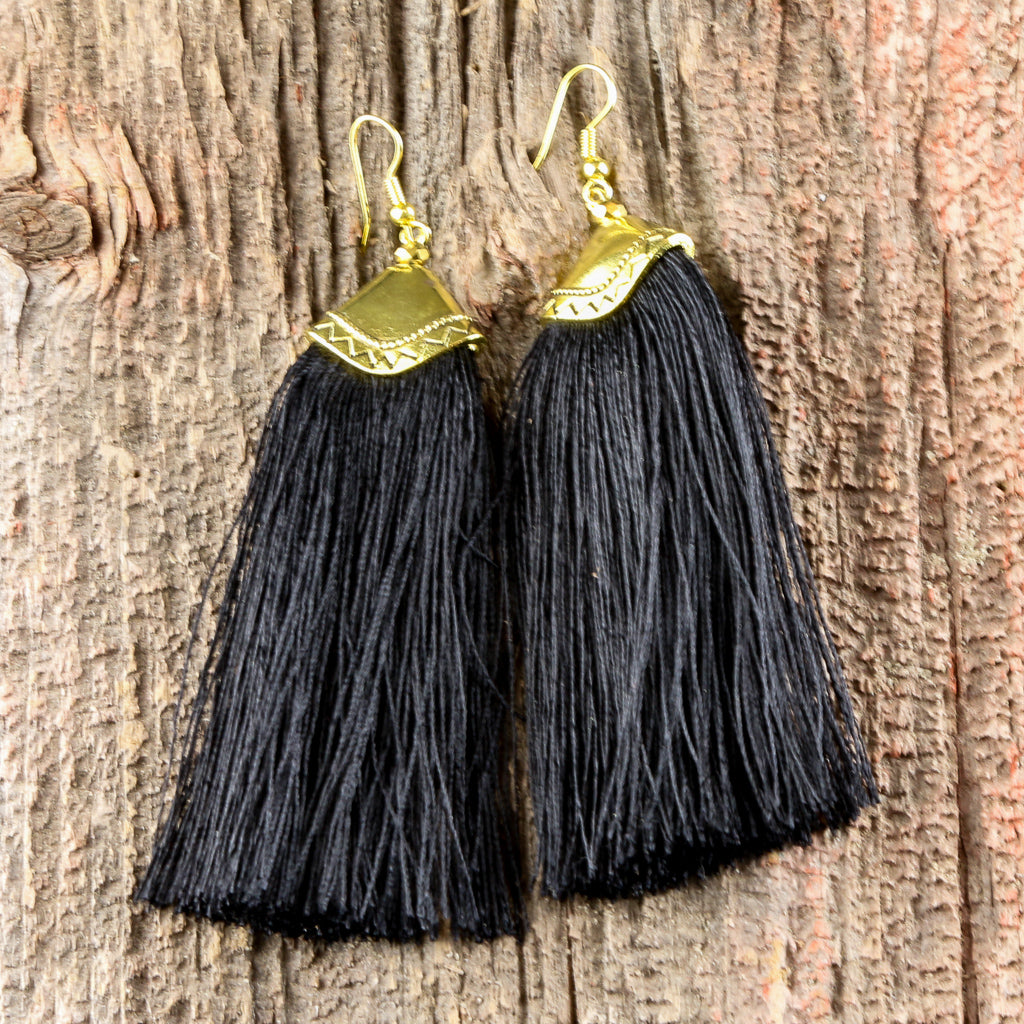 Gold Earrings w/ Black Tassel