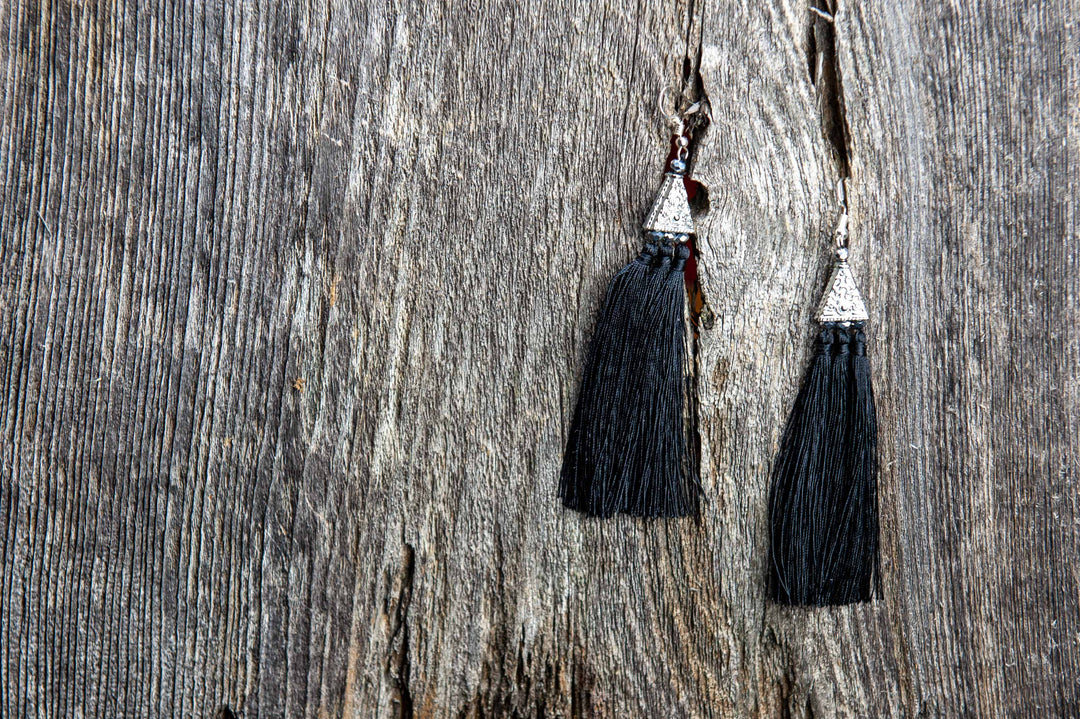 Silver Earrings w/ Black Tassel