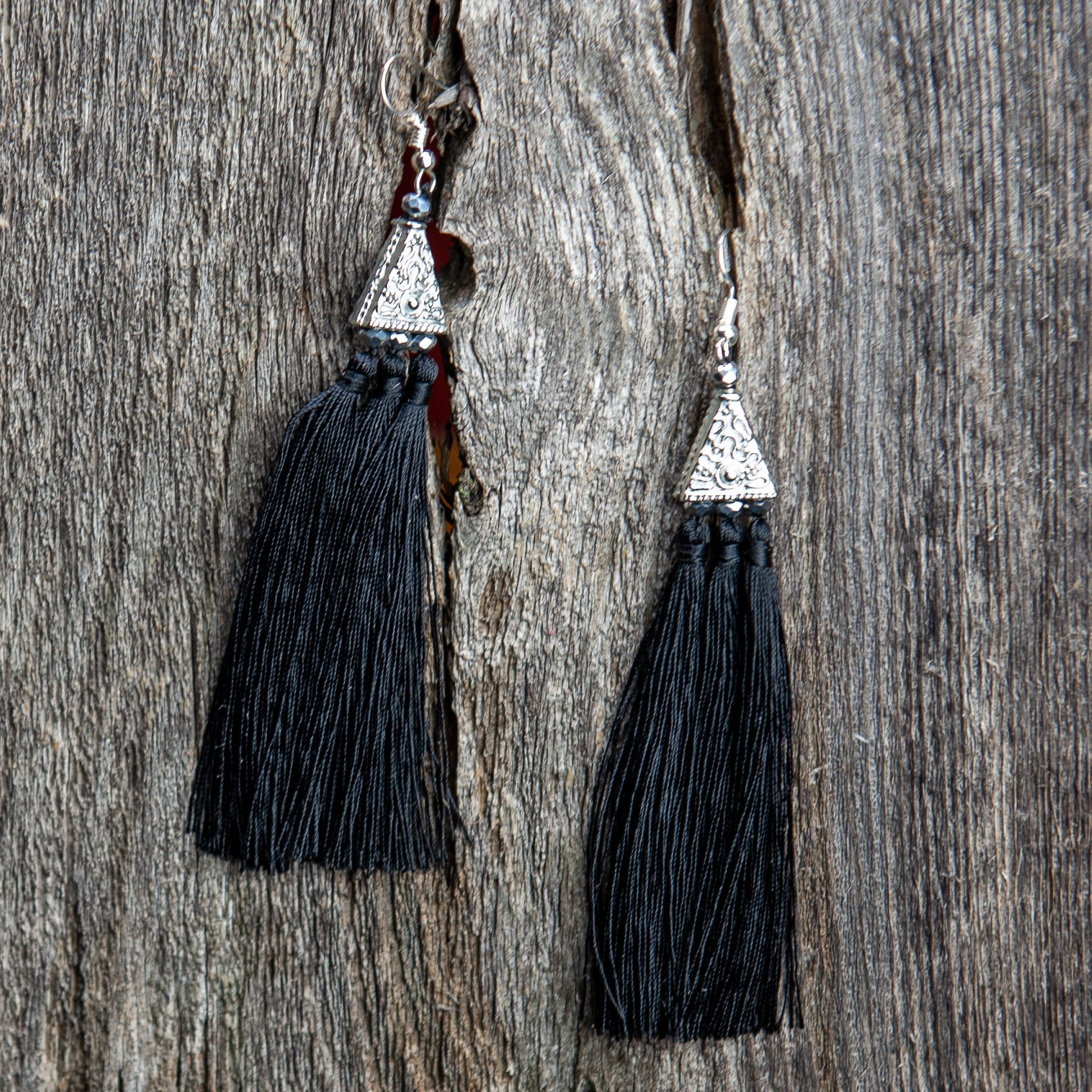 Silver Earrings w Black Tassel One World Bazaar