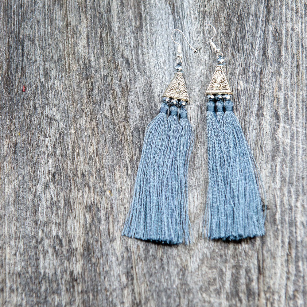 Silver Earrings w/ Grey Tassel