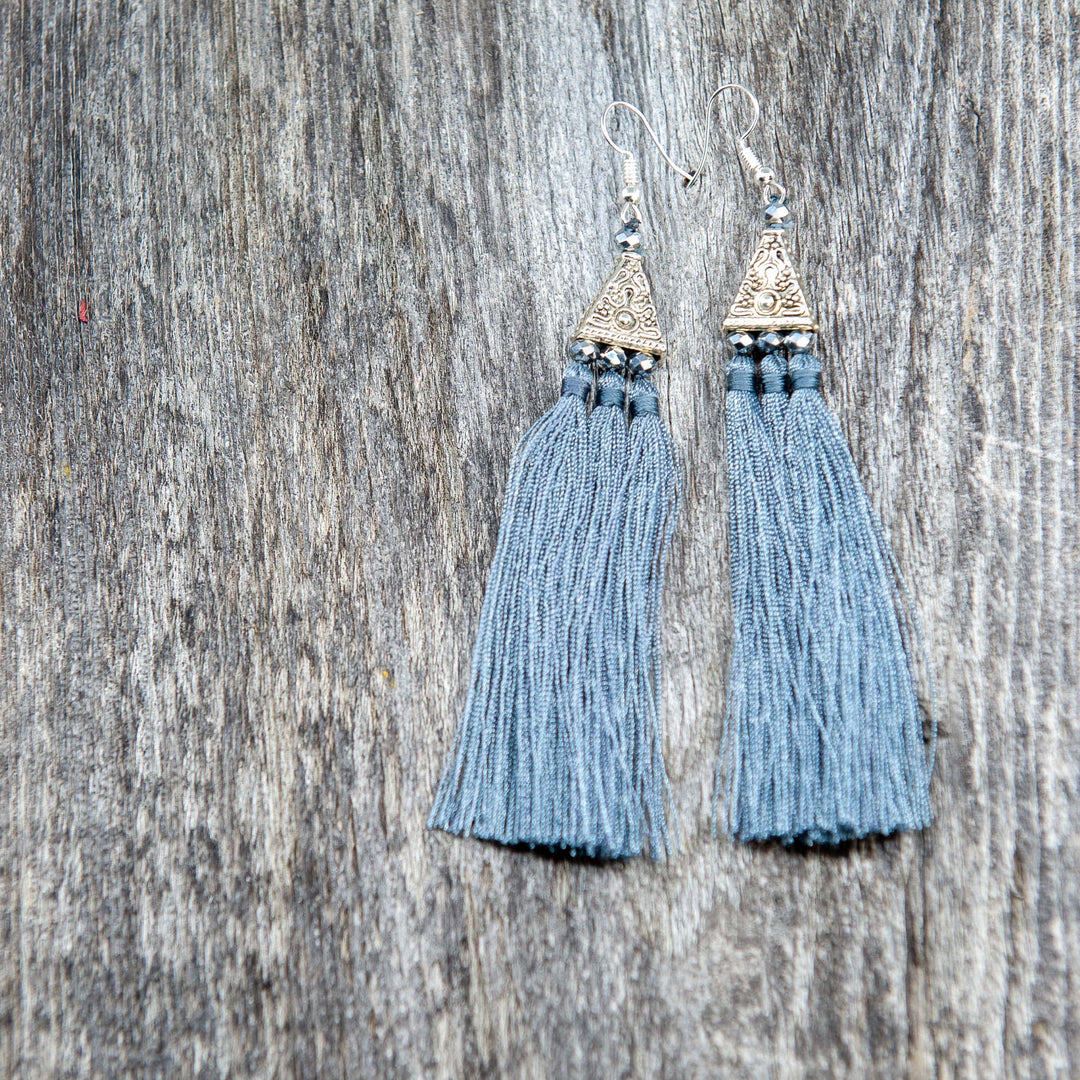 Silver Earrings w/ Grey Tassel