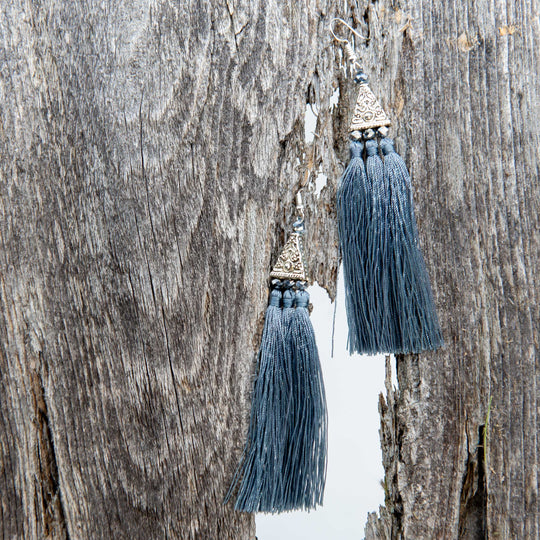 Silver Earrings w/ Grey Tassel