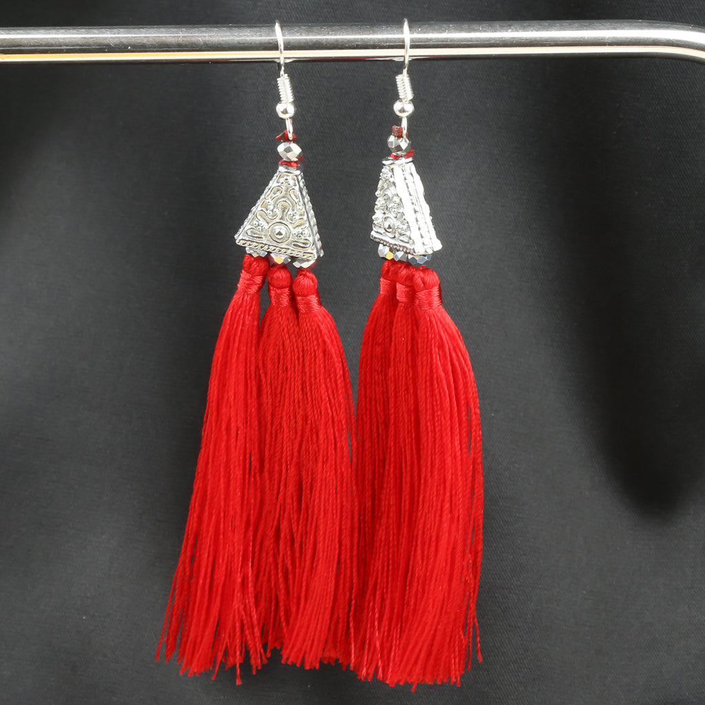 Silver Earrings w/ Red Tassel