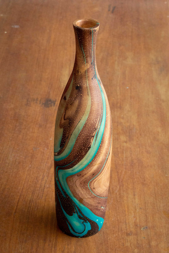 Mango Wood Funnel Vase - 14" (Turquoise)