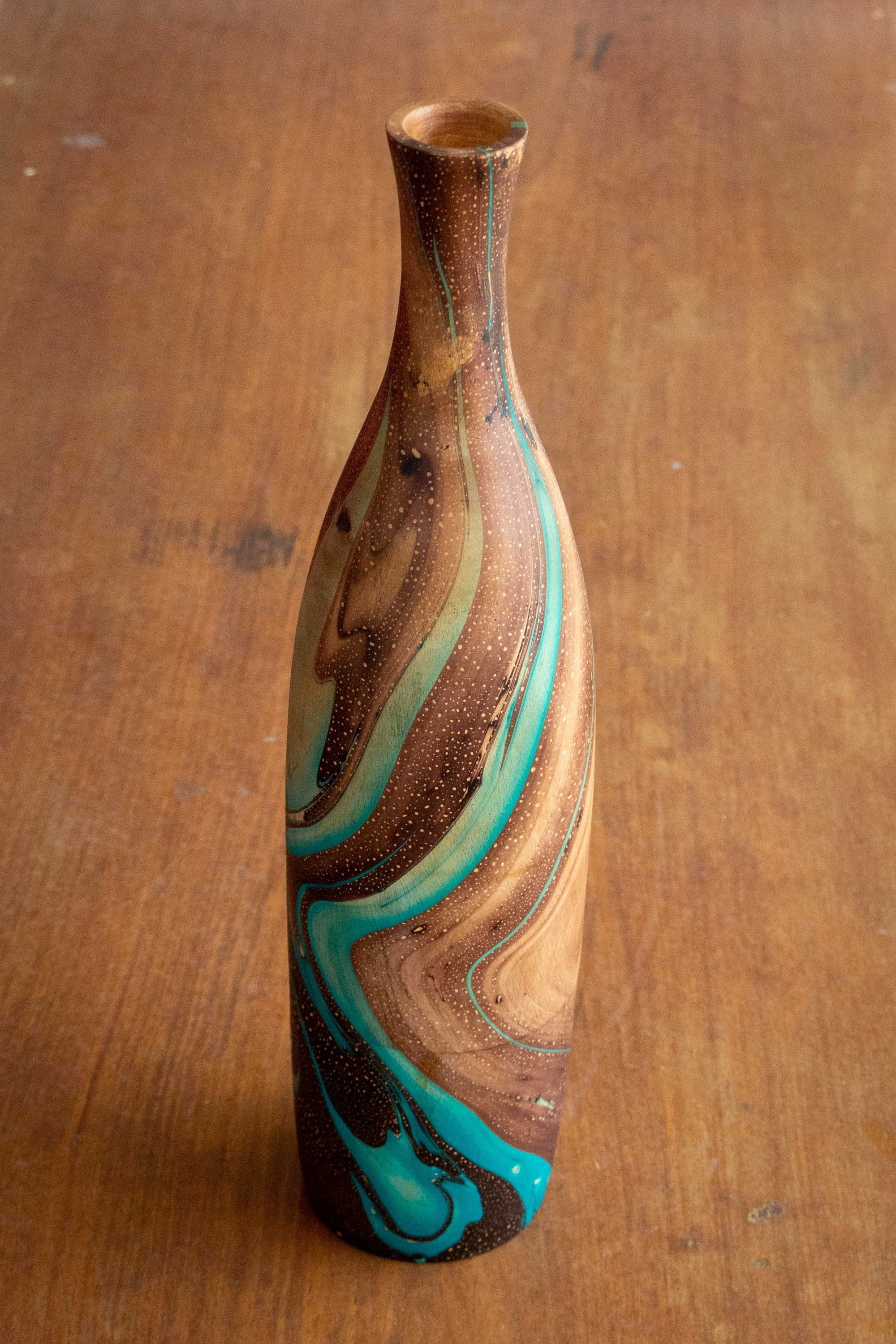 Vase Entonnoir en Bois de Manguier - 14" (Turquoise)