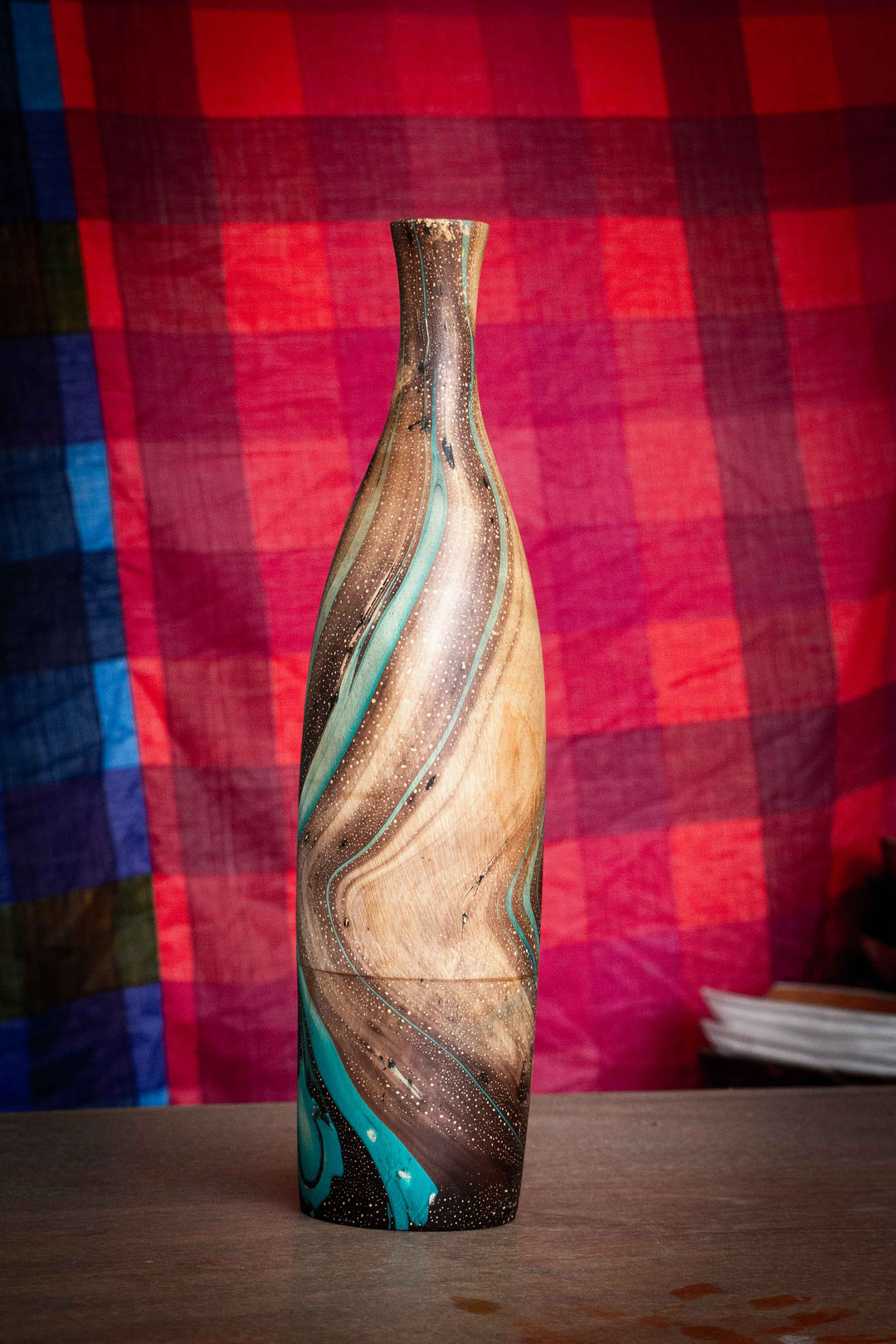 Mango Wood Funnel Vase - 14" (Turquoise)