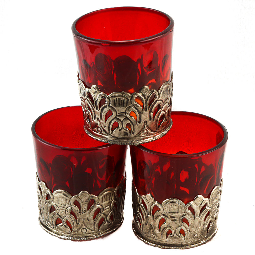 Short T-Lite - Red with Ornate Silver Base - Set of 3