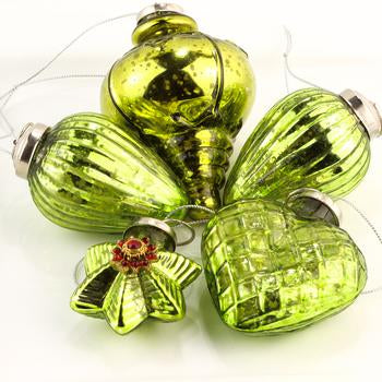 Mercury Glass Ornament Pack - Green - Set of 5