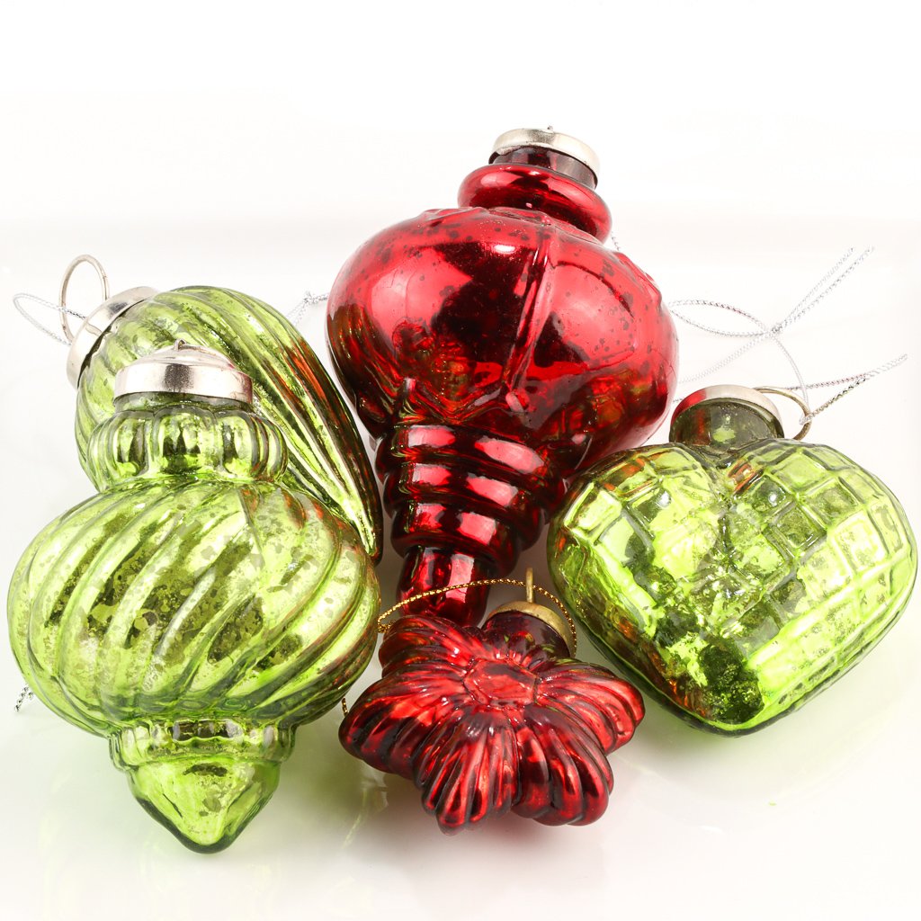 Mercury Glass Ornament Pack - Red/Green - Set of 5