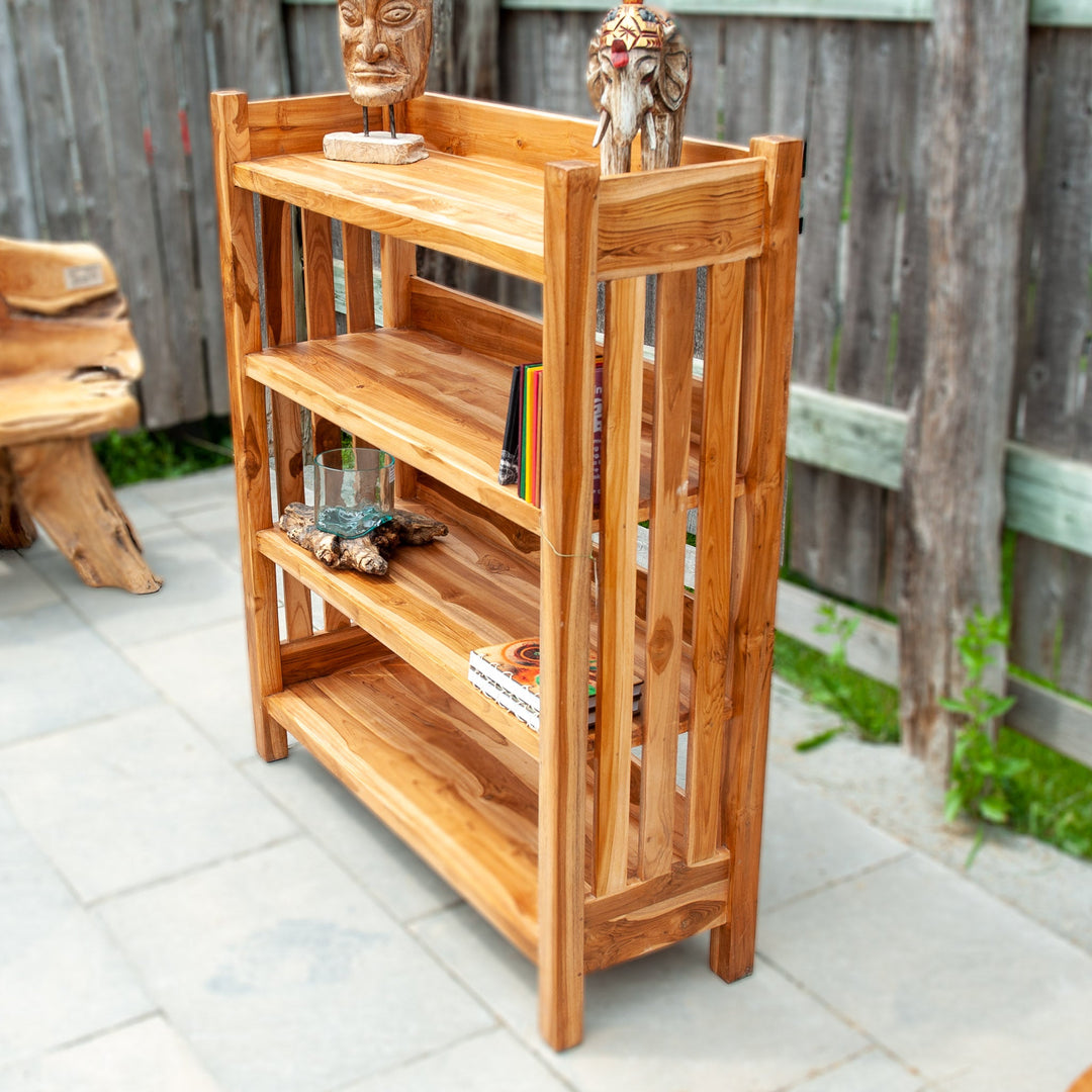 An image of an Indonesian Teak Classic Bookcase. This bookcase embodies timeless elegance and craftsmanship. Made from Indonesian teak wood, the bookcase features a sturdy construction and a rich, lustrous finish.