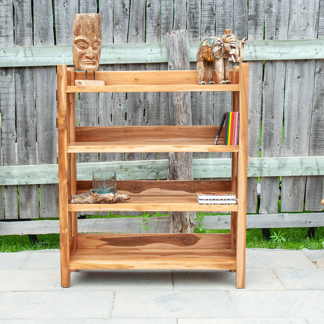 An image of an Indonesian Teak Classic Bookcase. This bookcase embodies timeless elegance and craftsmanship. Made from Indonesian teak wood, the bookcase features a sturdy construction and a rich, lustrous finish.
