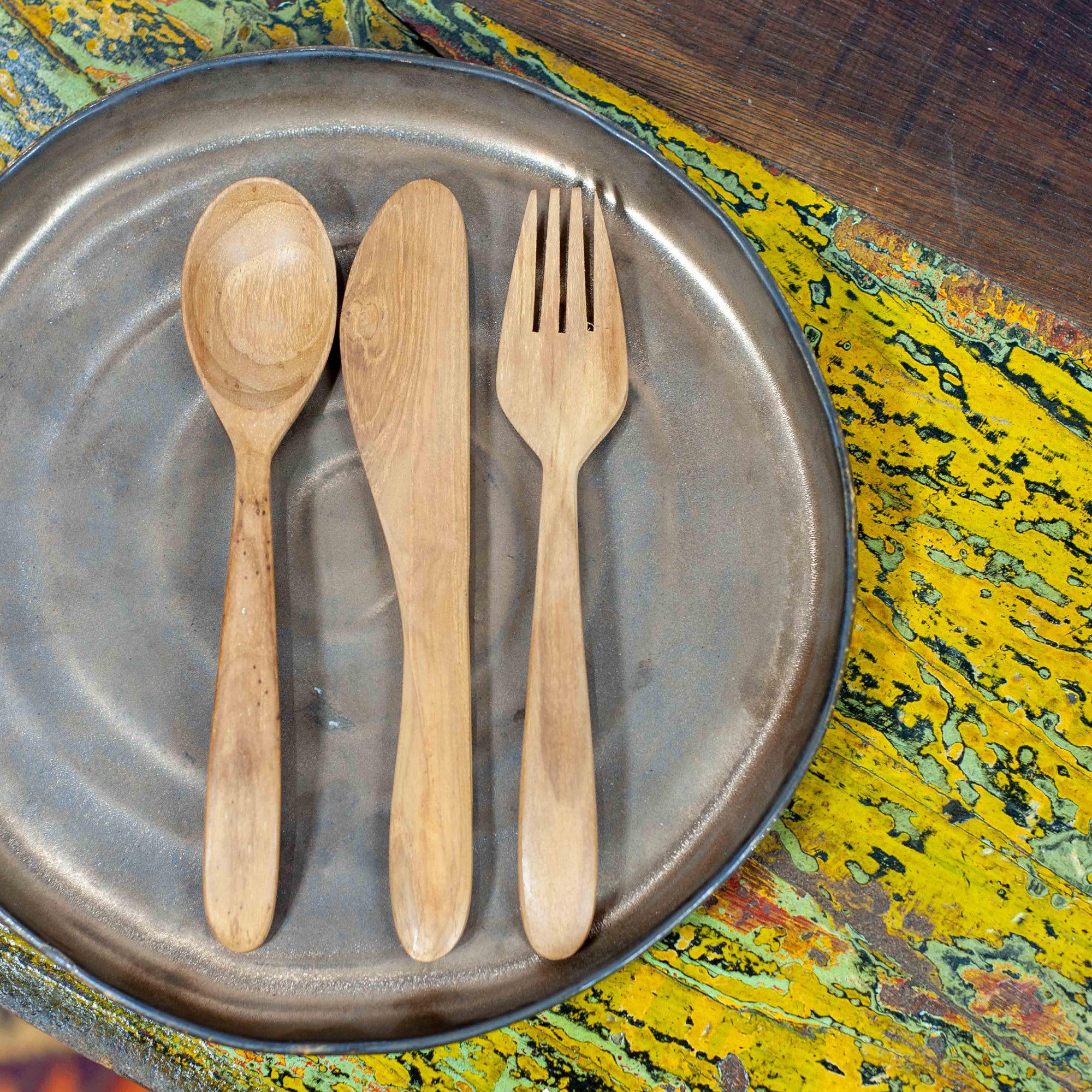 Teak Fork, Knife and Spoon Set