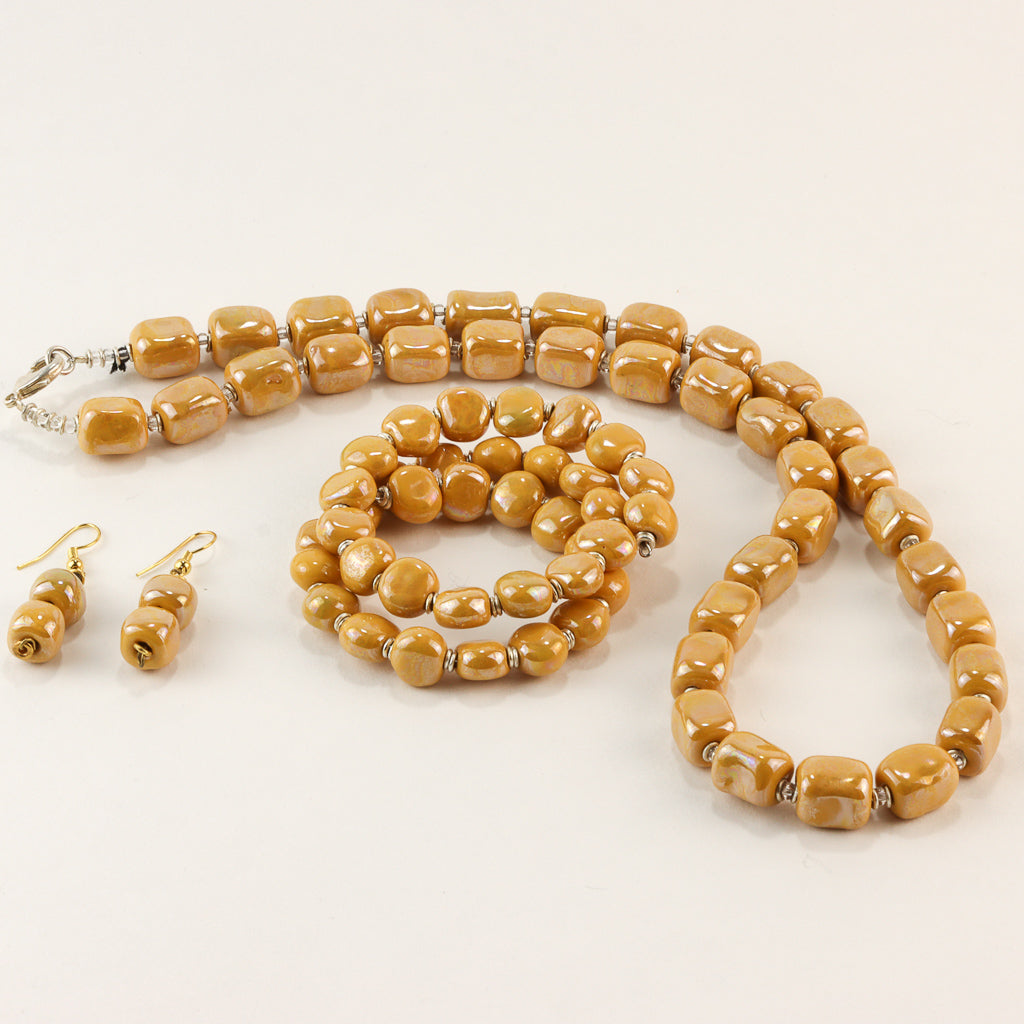 Kazuri Set - Mustard - Earrings & Necklace & Bracelet