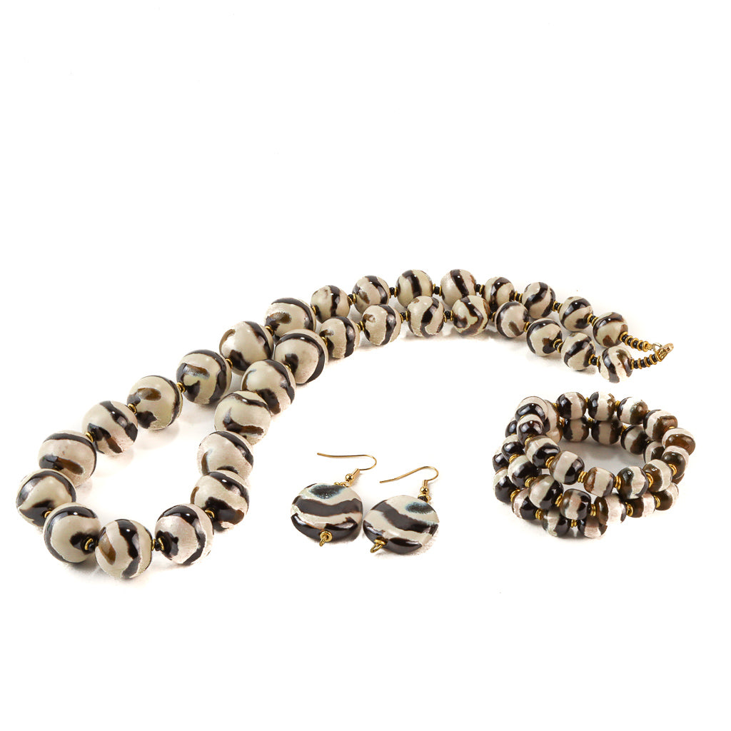 Kazuri Set - Black/White Stripe - Earrings & Necklace & Bracelet